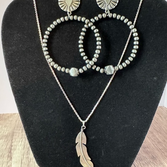 Huge Navajo Pearl Style Silver Earrings and Sterling 2” Feather Pendant - Picture 1 of 8